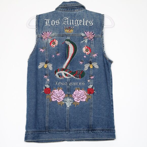 PacSun Embroidered Denim Vest Jacket Size Small Los Angeles Lost Girls Snake Bee - Picture 1 of 8